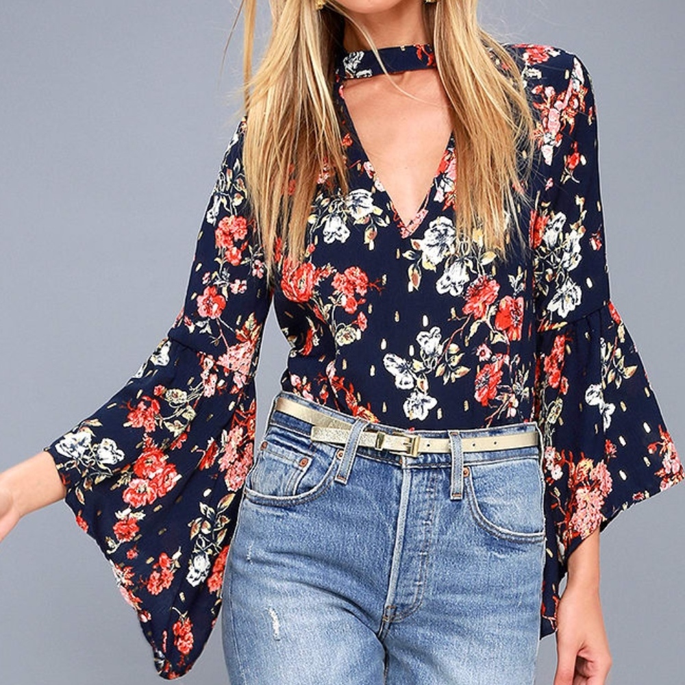 Navy Blue Floral Print Flounce Sleeve Top